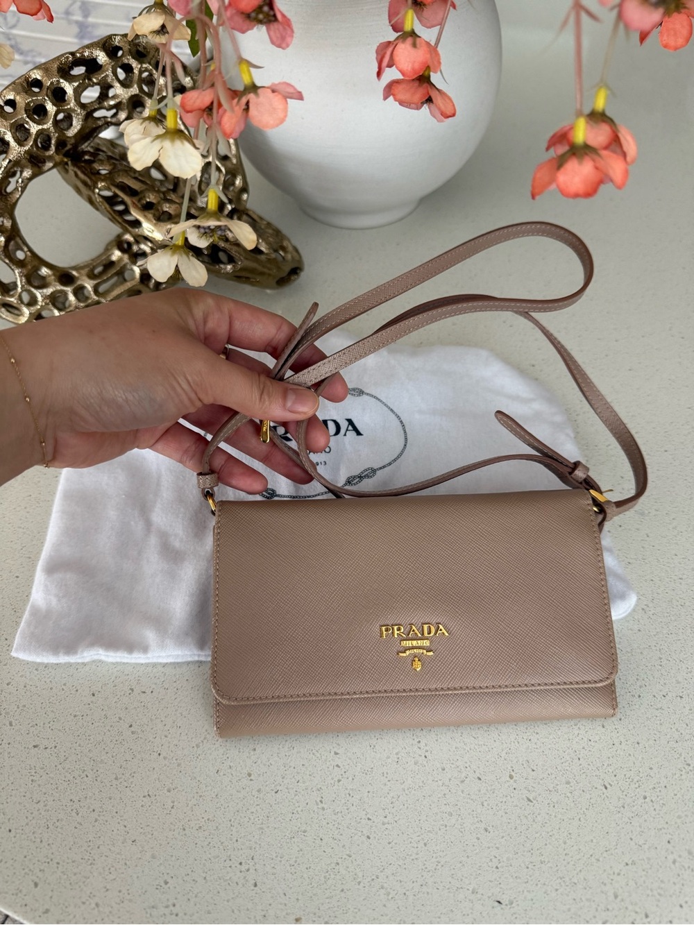 Authentic Prada Saffiano Leather Wallet on Chain / Crossbody – Cameo Beige - Picture 2 of 12